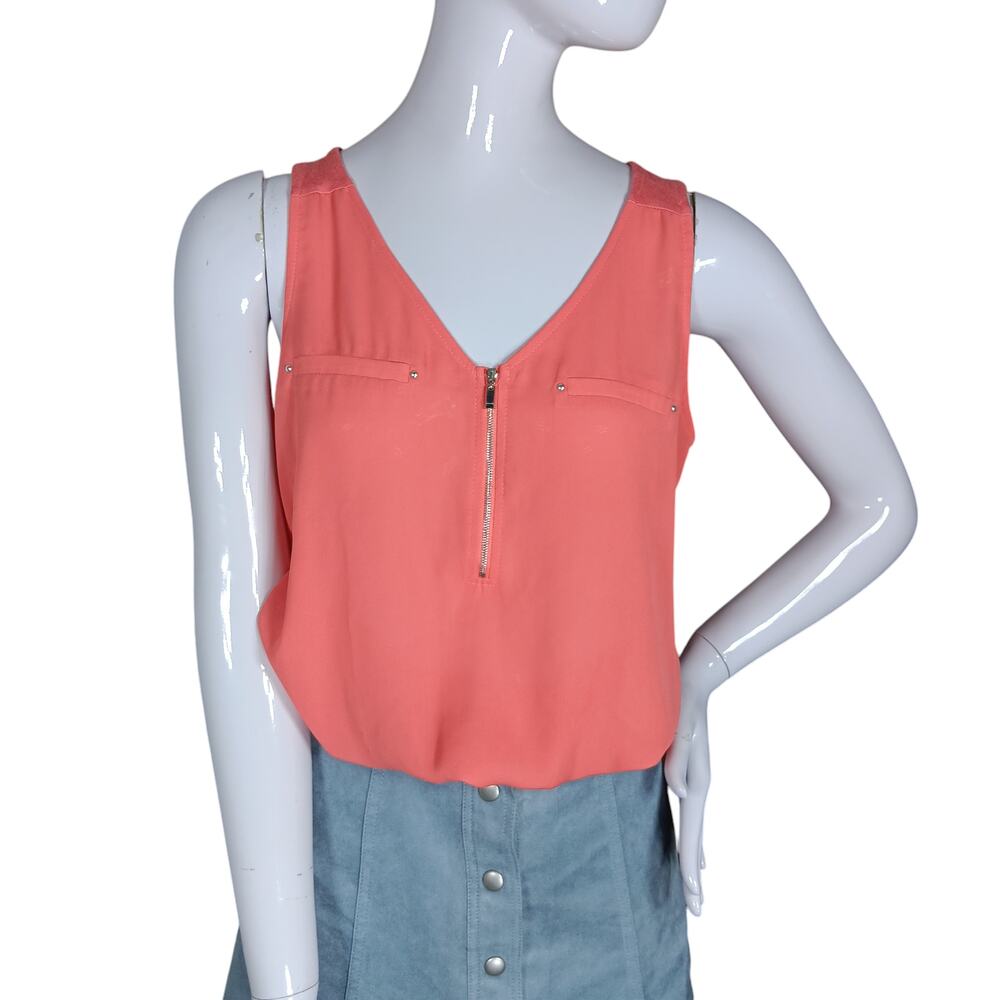 Fortune + Ivy Orange Top Size Medium Sleeveless V Neck Zipper Up Sheer